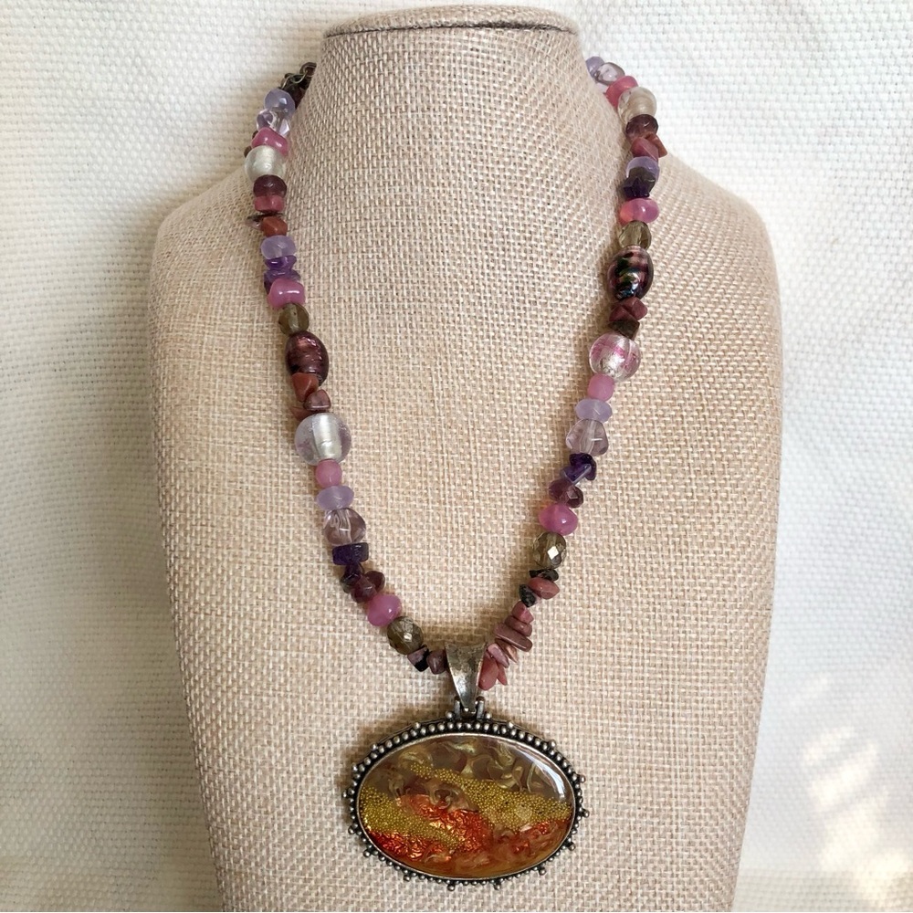 Chico's Statement Necklace Glass Stone multicolor beads Pendant boho vintage